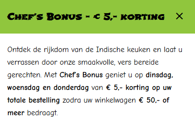 Grafische banner waarin een voorbeeldactie wordt getoond om te laten zien dat het systeem automatische kortingen en dagaanbiedingen kan tonen aan online bezoekers, zonder dat er een specifieke klant of merk wordt genoemd.