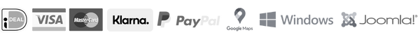 Collage van ondersteunde betaalmethoden, platforms, OS & CMS: iDEAL, Mastercard, Visa, Klarna, PayPal, Google Maps, Windows, Apple en Joomla