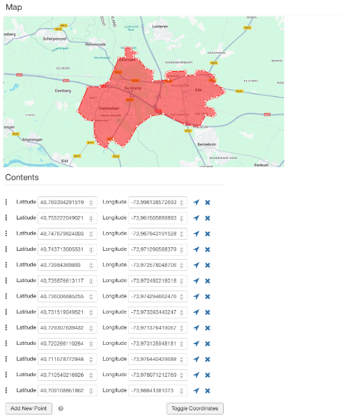 Screenshot van een Google Maps-kaart met een rood polygon bezorggebied en een lijst met latitude- en longitude-coördinaten rechts naast de kaart.